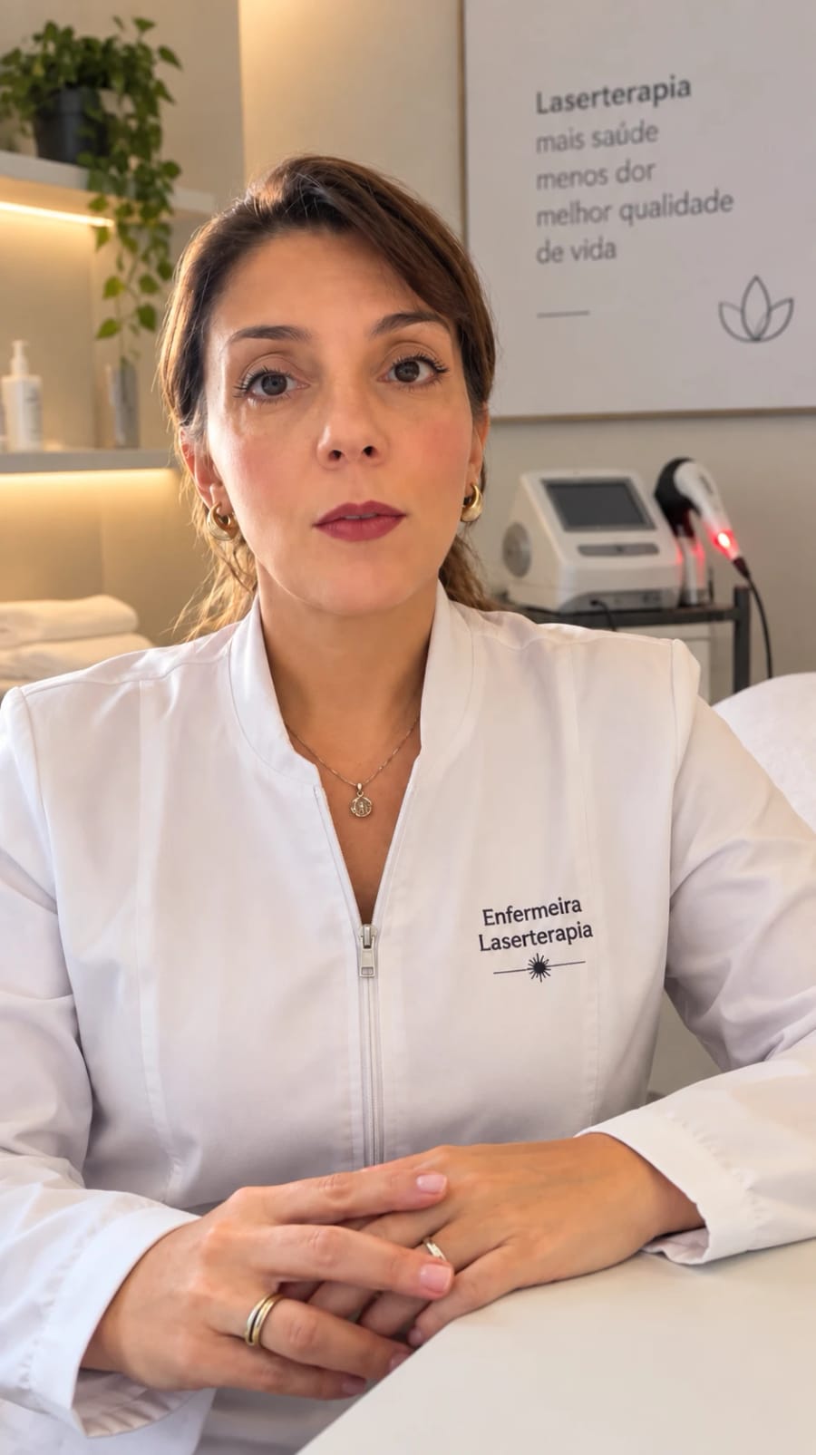 Enfermeira Amanda de Barros, de jaleco branco, no consultório com o equipamento de laser aceso ao fundo